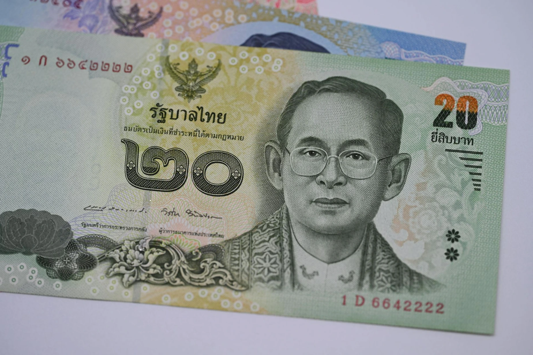 Close-up of Thai Currency Featuring 20 Baht Note