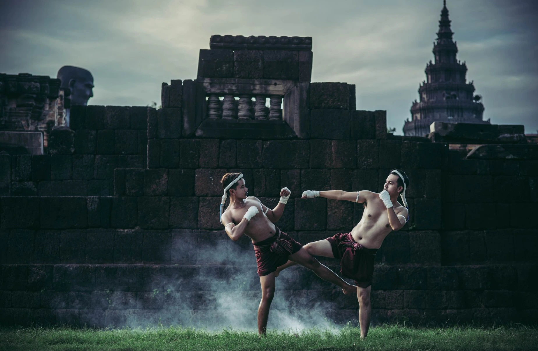 Two boxers fight with the martial arts of Muay Thai