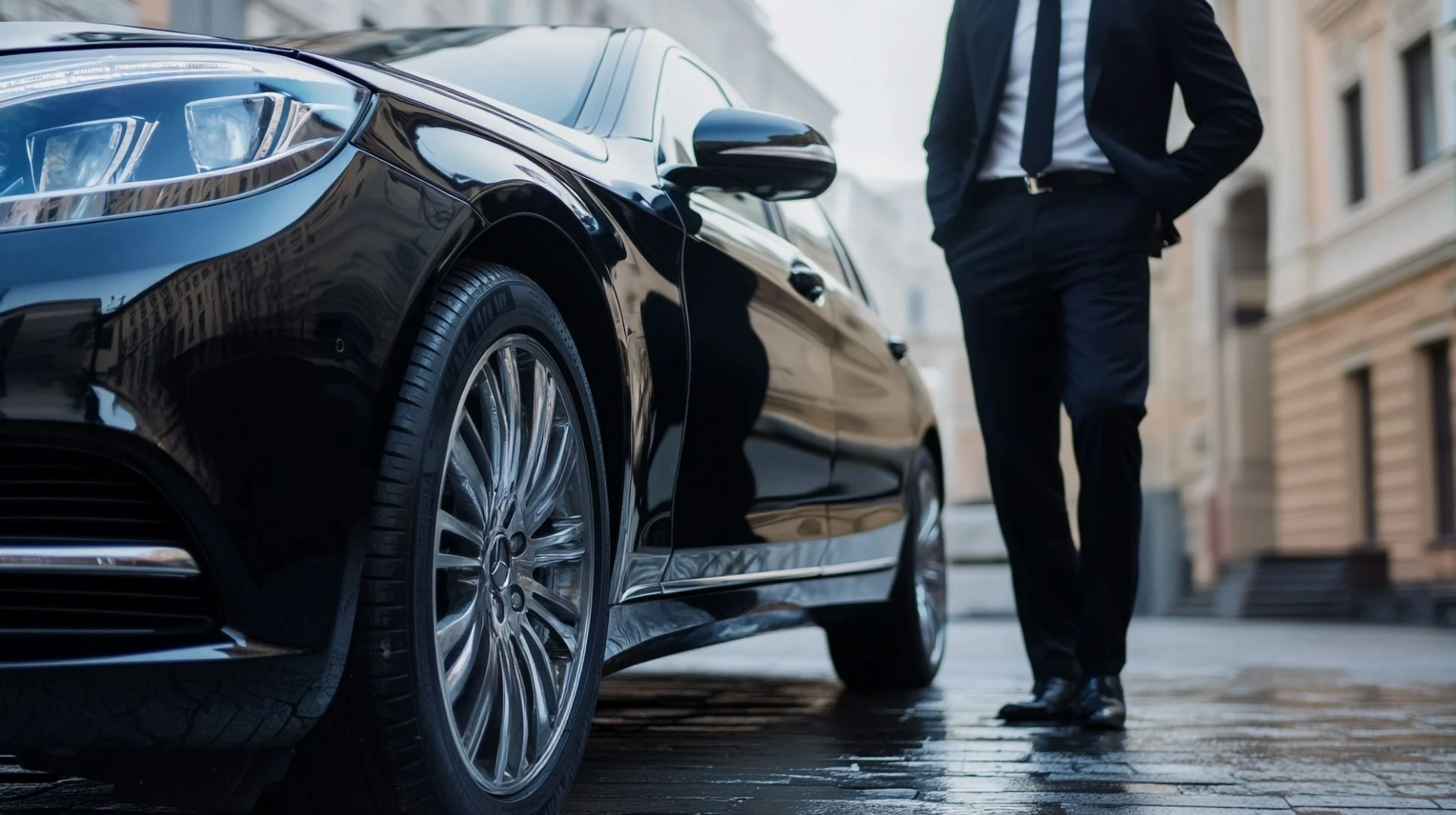 Bangkok to Krabi: Elegantly dressed man standing beside a luxurious black car in a city, exuding wealth and success in a sophisticated setting