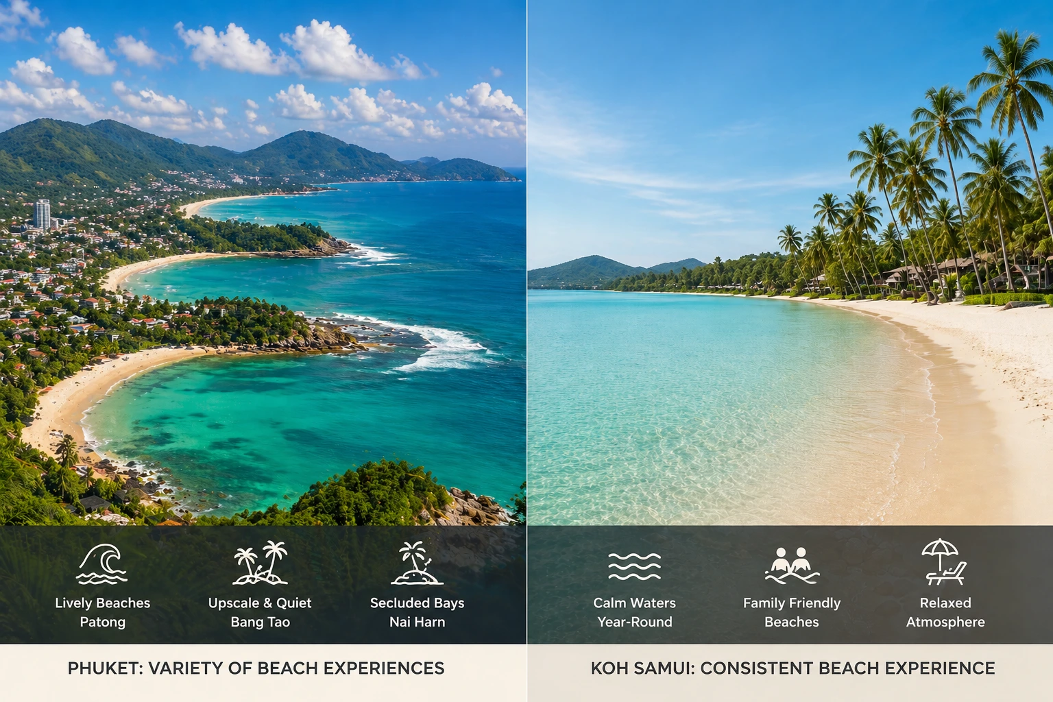 Split image showing Phuket’s varied beaches with bays and headlands contrasted with Koh Samui’s calm, consistent shoreline and clear shallow water