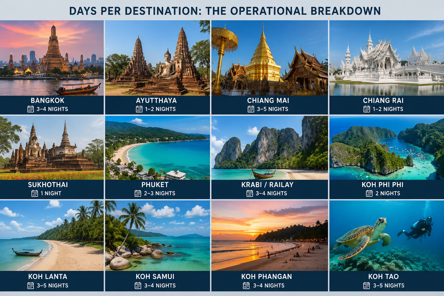 Thailand destination planning graphic showing recommended minimum stays for Bangkok, Ayutthaya, Chiang Mai, Chiang Rai, Sukhothai, Phuket, Krabi, Koh Phi Phi, Koh Lanta, Koh Samui, Koh Phangan, and Koh Tao with scenic temple, beach, and island imagery.