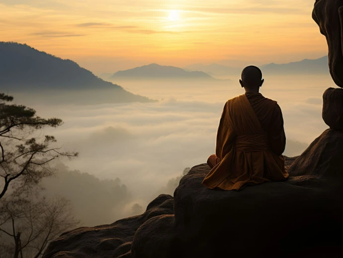 Monk Meditating on top of the Mountain