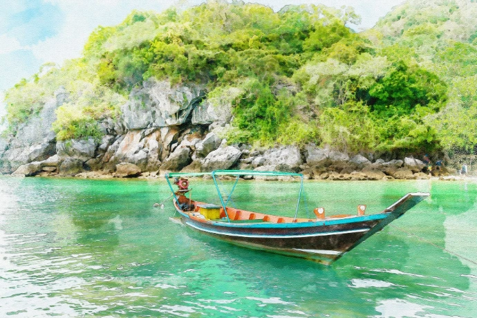 long tail boat and island in Thailand sea
